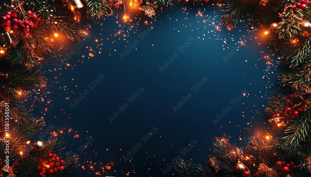 Rich festive border of pine and berries around frame Rich festive border of pine and berries around frame