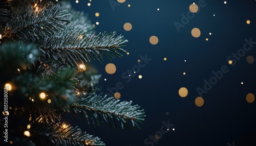 Snow-tipped pine needle with glowing festive lights