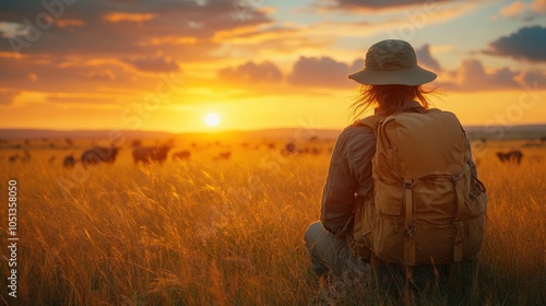 A traveler enjoys a sunset over a grassy landscape with wildlife.