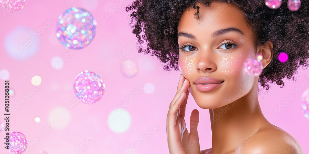 © Kanchanit - Female Model Gently Touching Cheek Surrounded by Holographic Bubbles Representing Skincare and Vibrant Moisture Particles for a Radiant Complexion © Kanchanit - Female Model Gently Touching Cheek Surrounded by Holographic Bubbles Representing Skincare and Vibrant Moisture Particles for a Radiant Complexion