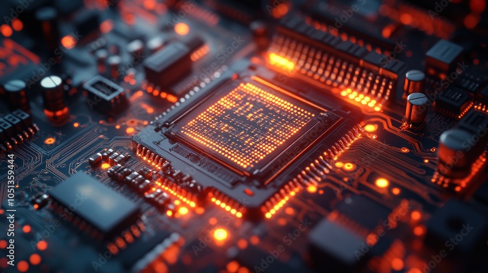 Close-up of a glowing microprocessor on a circuit board. Close-up of a glowing microprocessor on a circuit board.