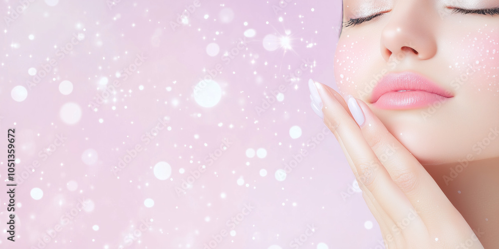 Naklejka premium Woman Gently Massaging Her Face with Essential Fatty Acids, Nourishing Skin with Particles Swirling Around for Ultimate Hydration and Rejuvenation