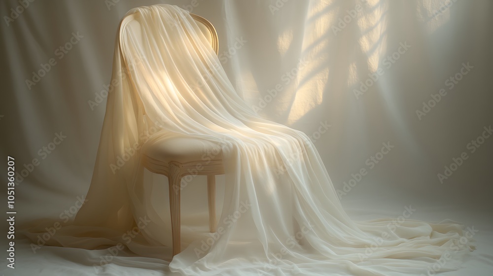Elegant Chair Draped with Sheer Fabric in Soft Light Elegant Chair Draped with Sheer Fabric in Soft Light