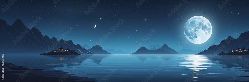Simple Illustration Background of a Moonlit Night Over a Calm Sea Simple Illustration Background of a Moonlit Night Over a Calm Sea