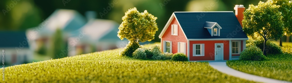 Charming red house with tree in a green landscape, peaceful suburban setting. Charming red house with tree in a green landscape, peaceful suburban setting.