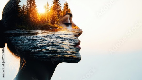 Silhouette of a woman with a landscape reflection, serene and introspective atmosphere.