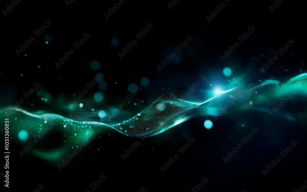 A glowing teal wave with a bright light at its peak against a dark background with scattered bokeh. A glowing teal wave with a bright light at its peak against a dark background with scattered bokeh.