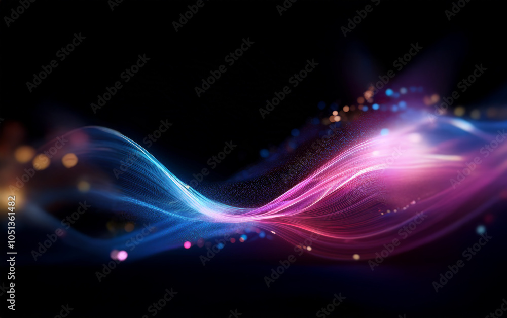 Obraz premium An abstract, digital art image features a wavy, luminous, flowing line in shades of blue, purple, and pink against a dark background.