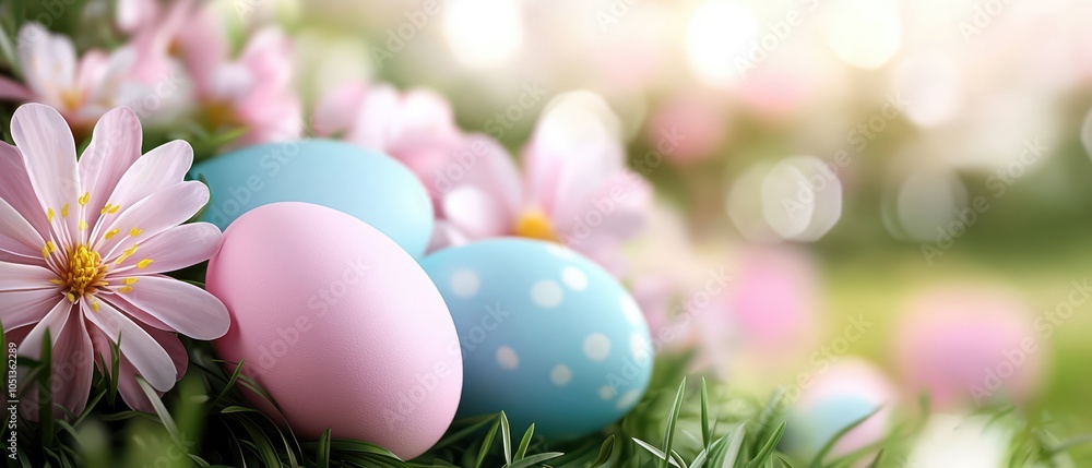 Colorful Easter eggs nestled among vibrant flowers in a spring garden setting. Colorful Easter eggs nestled among vibrant flowers in a spring garden setting.