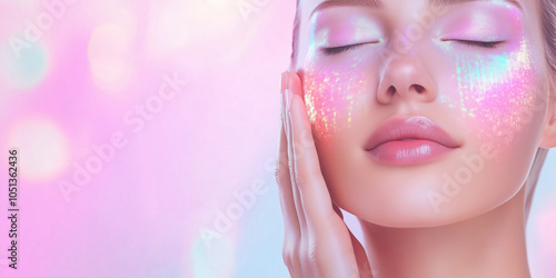 Beautiful Woman Embracing Her Radiant Skin Surrounded by Ethereal Holographic Elements Representing Glass Skin