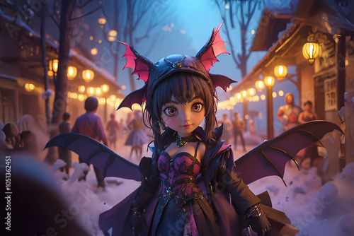 Cute cartoon character in a batgirl costume in halloween night at a town. photo