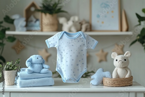 Adorable baby onesie display with soft toys and nursery decor photo