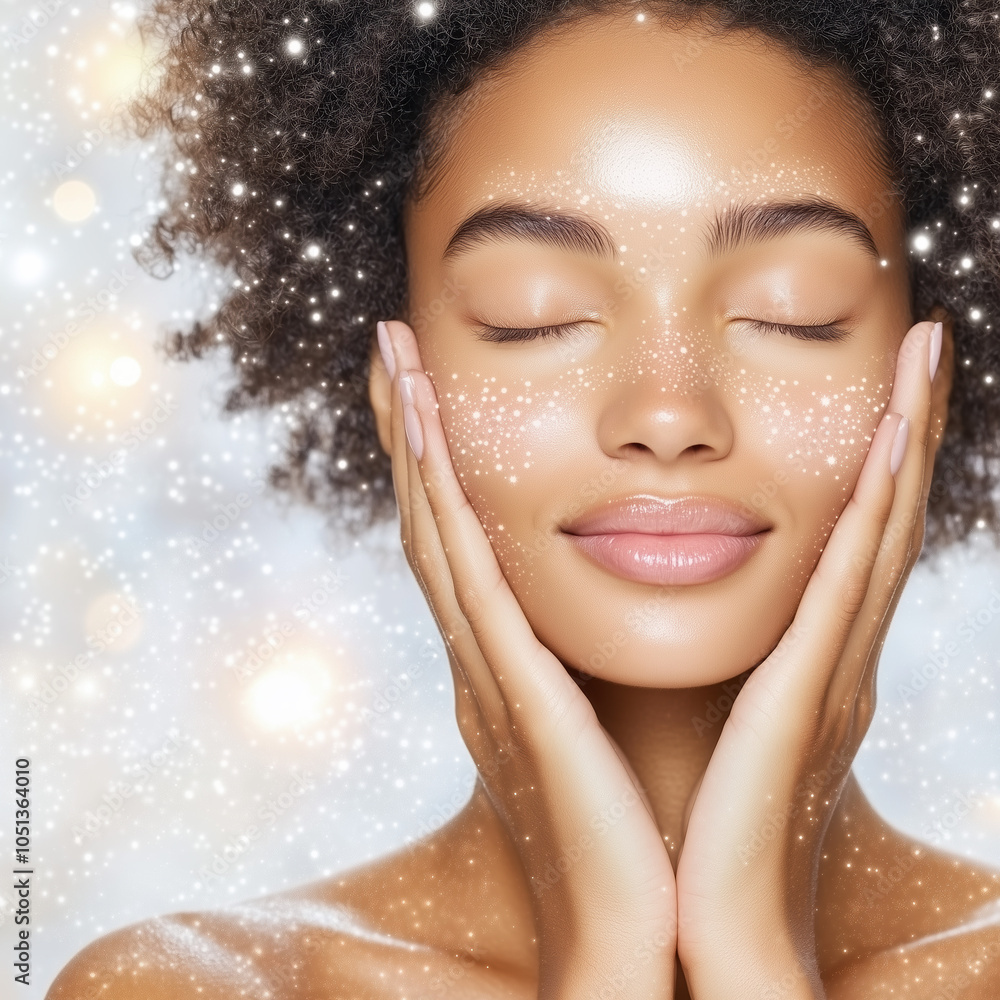 Naklejka premium Beauty Portrait of a Model with Hands Close to Her Face, Enveloped in a Soothing Halo of Hydrating Moisturizer Particles