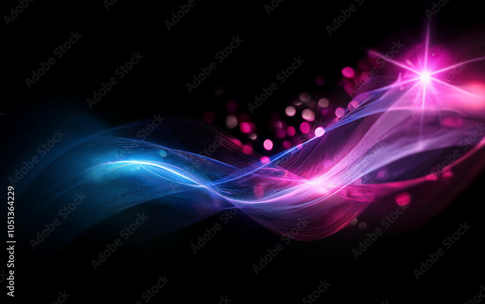 Abstract digital art with flowing blue and pink lines, a bright star, and bokeh effect. Abstract digital art with flowing blue and pink lines, a bright star, and bokeh effect.