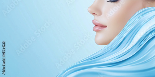 Close-Up of a Female Model with Hydrating Essence Swirling Around Her Face Like a Blue Wave, Showcasing a Radiant Glow and Refreshing Skincare Benefits photo