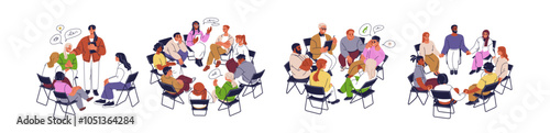 Group therapy session. People teams sharing problems during support meeting, psychotherapy, psychology help club. Psychologist and community. Flat vector illustration isolated on white background