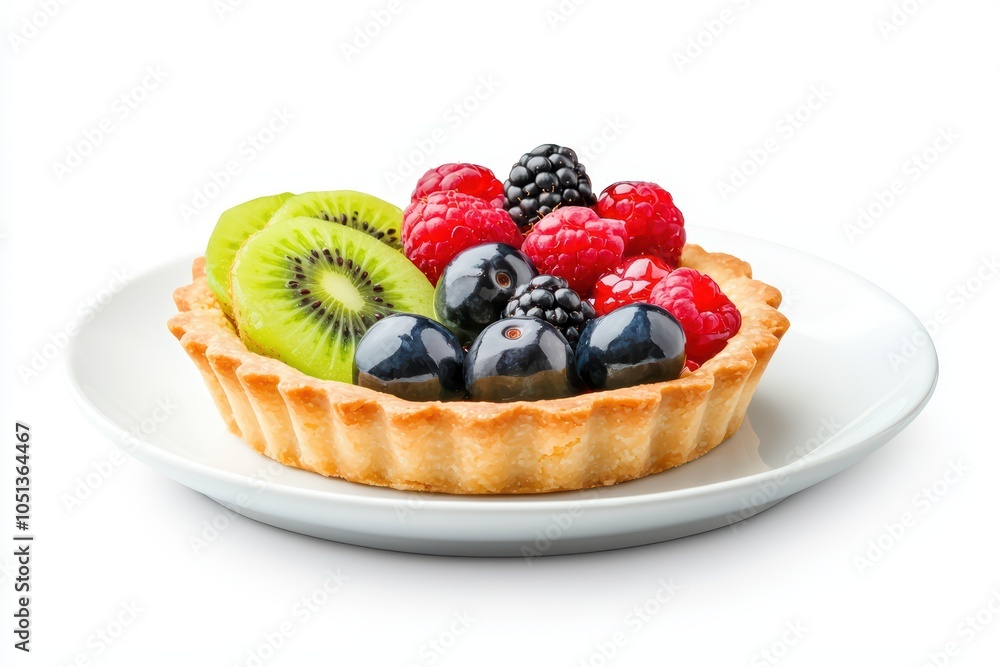 Delicious fruit tart with kiwi, berries, and raspberries on a plate, isolated on a white background. Delicious fruit tart with kiwi, berries, and raspberries on a plate, isolated on a white background.