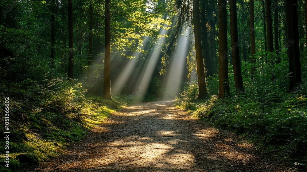 Fototapeta premium Sunlit forest path in a serene woodland.
