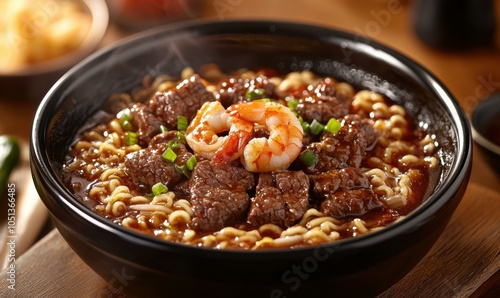 A bowl of steaming noodles with meat and shrimp. AI.