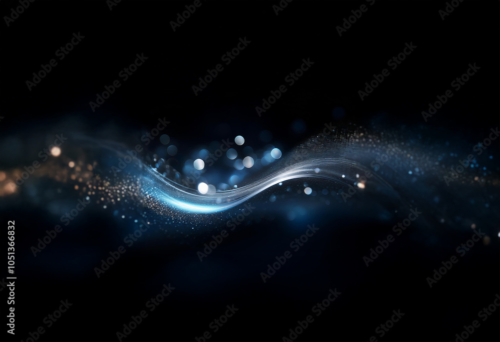 A dark background with a blue and white wave of light and bokeh. A dark background with a blue and white wave of light and bokeh.