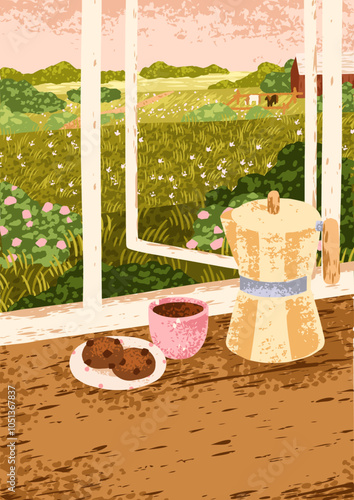 Summer country landscape view from home window. Coffee cup and cookies on windowsill. Rural nature, countryside meadow, flowers, and grass. Cottagecore vibe, mood card. Flat vector illustration