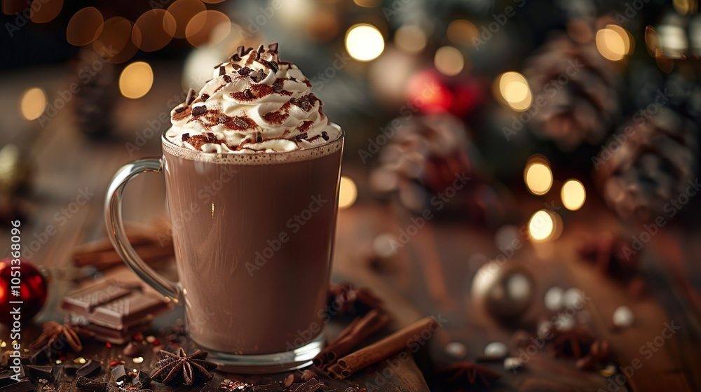 A mug of hot chocolate with whipped cream on top sits on a wooden table. Blurred bokeh background with Christmas tree lights and copy space. A mug of hot chocolate with whipped cream on top sits on a wooden table. Blurred bokeh background with Christmas tree lights and copy space.