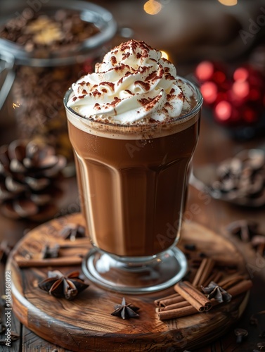 A glass of hot chocolate with whipped cream on top. Blurred bokeh background with lights.