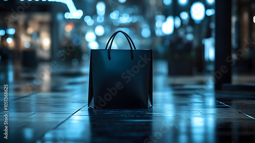 A black shopping bag sits on a slick, dark floor Lights illuminate only the floor, casting a blurry background