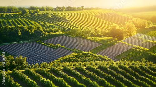 Agrivoltaic farmland integrates solar panels to generate renewable energy and shade crops at the same time.