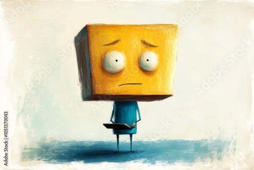 A yellow block-headed character stands quietly, appearing anxious, while holding a device in a simple but expressive digital artwork