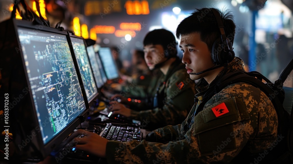 Military team in high-tech hub, analyzing data maps. Military team in high-tech hub, analyzing data maps.