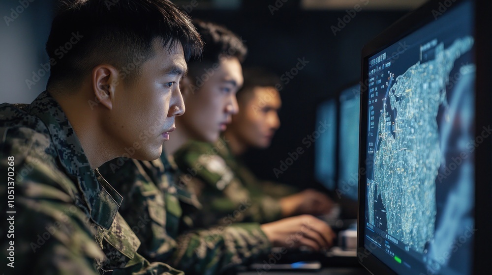 Military team analyzing digital data for field operations Military team analyzing digital data for field operations