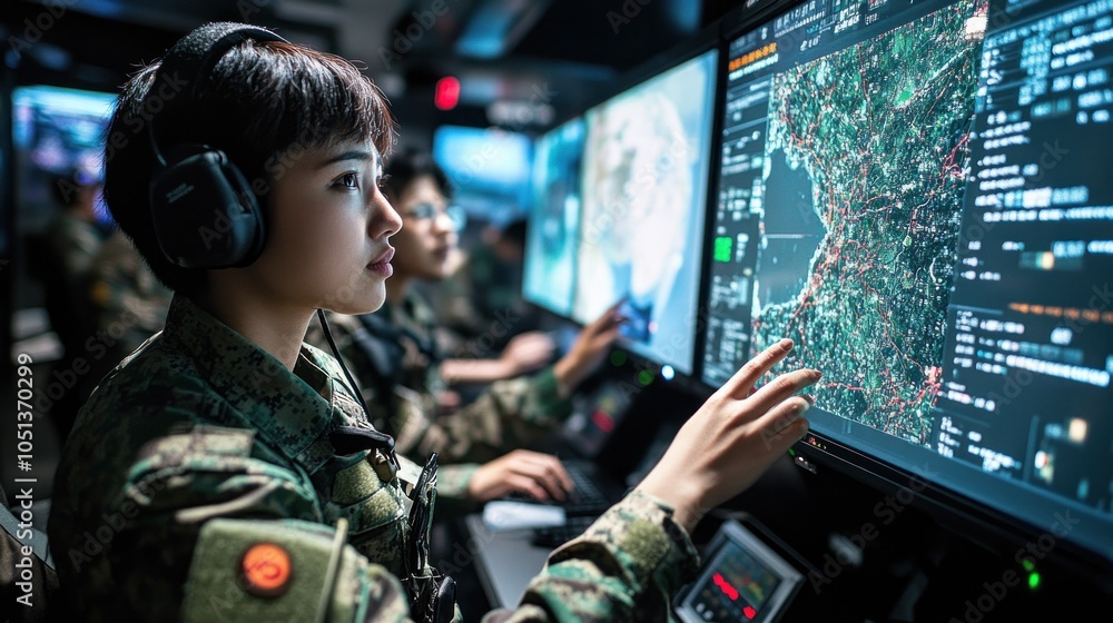 Woman officer reviews strategic digital military data. Woman officer reviews strategic digital military data.