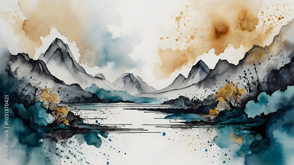 Fototapeta premium abstract background ink line decoration painting landscape artistic conception, Generative AI