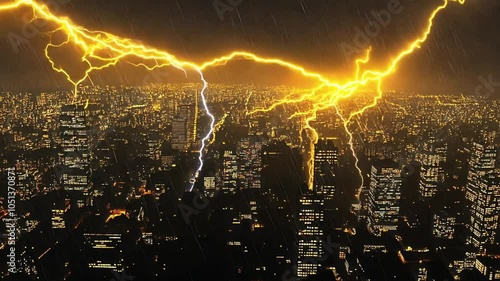 yellow lightning, urban background at night, lightning strikes in the city, A dramatic scene of a lightning strike hitting a tall building under a stormy sky, lightning in the city, footage, 4k  photo