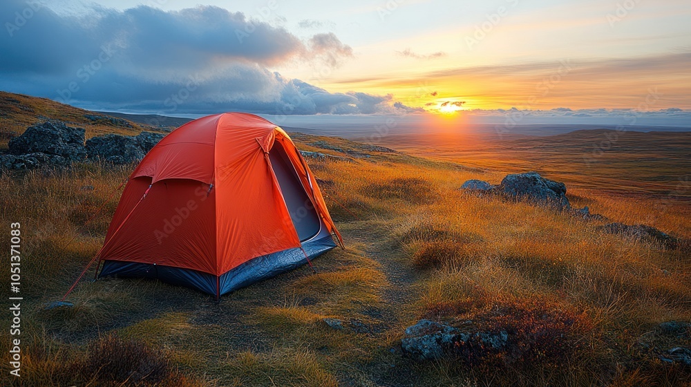 Obraz premium A lone red tent sits on a grassy hill at sunset in Iceland.
