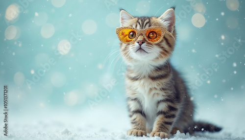 Happy New Year and Merry Christmas 2025 greeting banner or postcard. Funny kitten cat with carnival glasses with new year numbers 2025. Copy space. white background