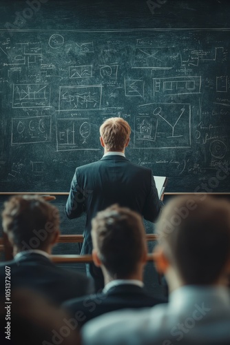 A professor stands confidently in front of a chalkboard filled with intricate graphs and charts, captivating a classroom of attentive students photo