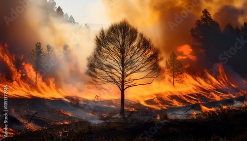 Fiery inferno engulfs the once lush forest photo