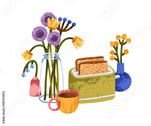 Fresh roasted bread slices from toaster, morning tea cup, flowers in vase. Co...