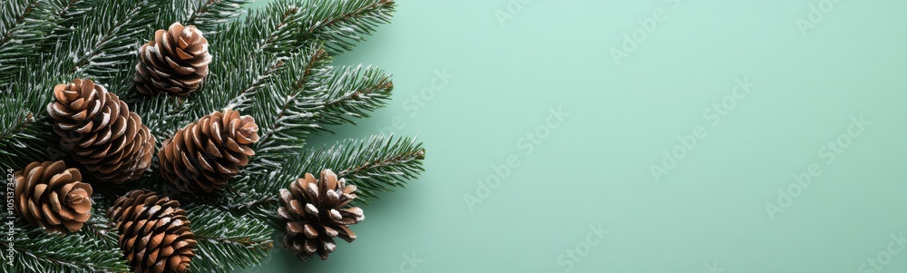 Pine cones on a pine tree branch against a green background Pine cones on a pine tree branch against a green background