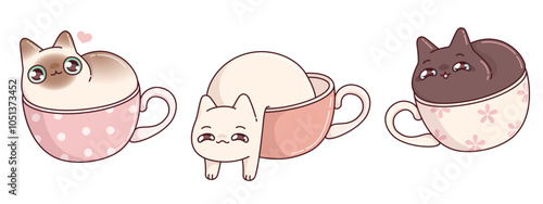 Kawaii cats in cups set isolated on white background. Contemporary vector cartoon illustration of cute kitten characters sitting and lying in mug, happy and tired pet, funny stickers for coffee shop