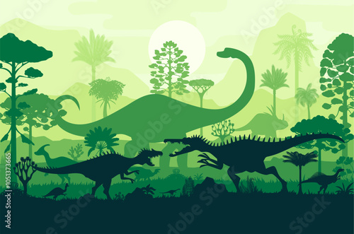 Prehistoric dinosaurs silhouettes in tropical rain forest. Vector majestic sunset scene of dino reptile species roaming and clashing at jungle landscape background with fading sky, sun and tall trees