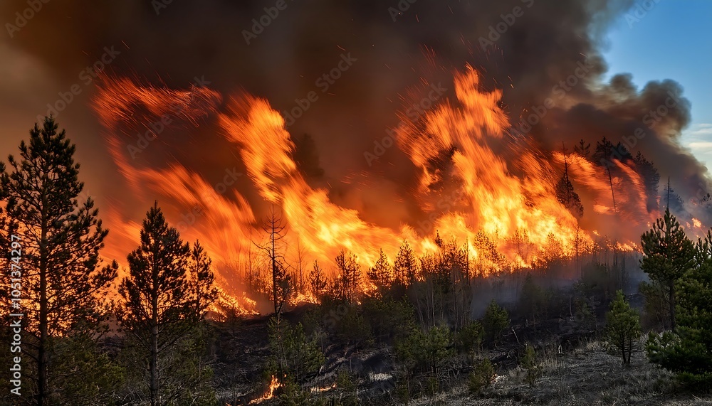 Fiery inferno engulfs the once lush forest Fiery inferno engulfs the once lush forest