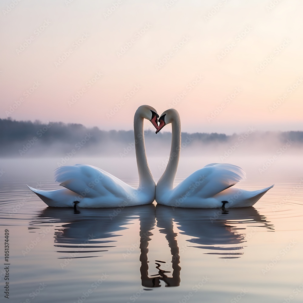 Fototapeta premium Capture the serene beauty of nature with this stunning high-resolution image of a pair of graceful swans gliding across a misty lake at sunrise.