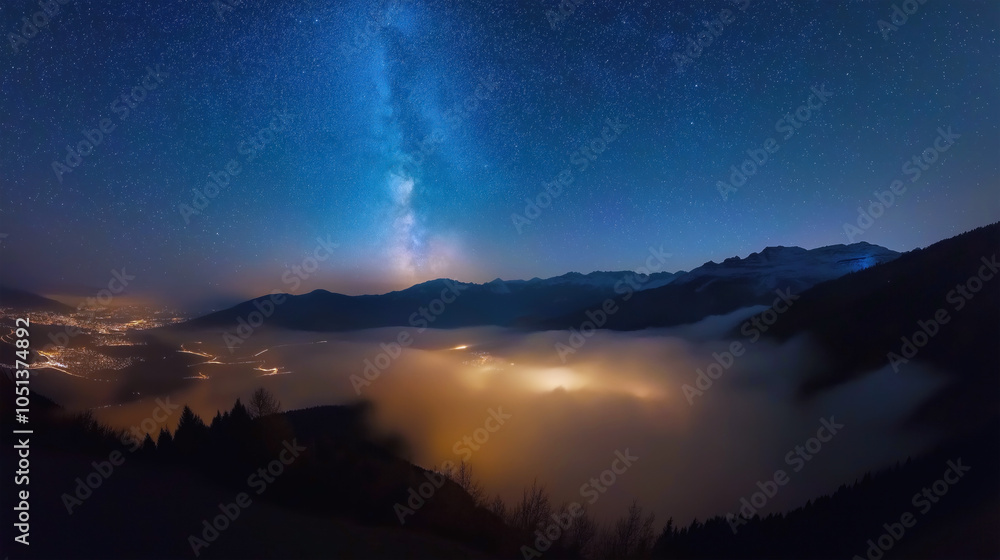 Fototapeta premium Night sky over fog-covered mountains with city lights glowing below. Stunning landscape with a view of the Milky Way and stars shining brightly in the clear, deep blue sky