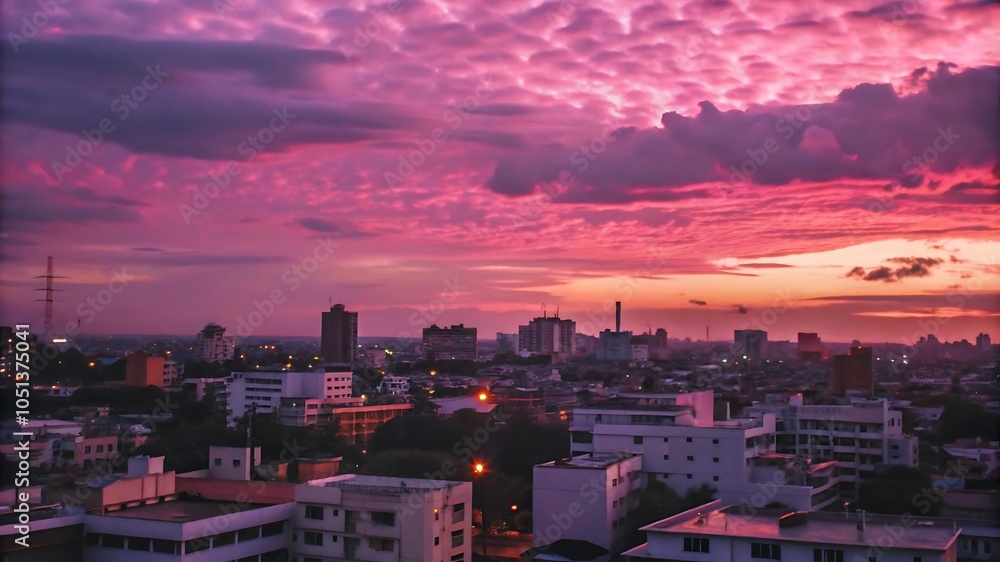 Fototapeta premium City under a cloudy sky during the pink sunset in the evening