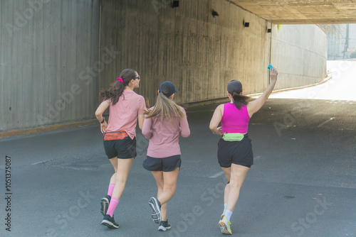 Young Latina women running in an outdoor tunnel