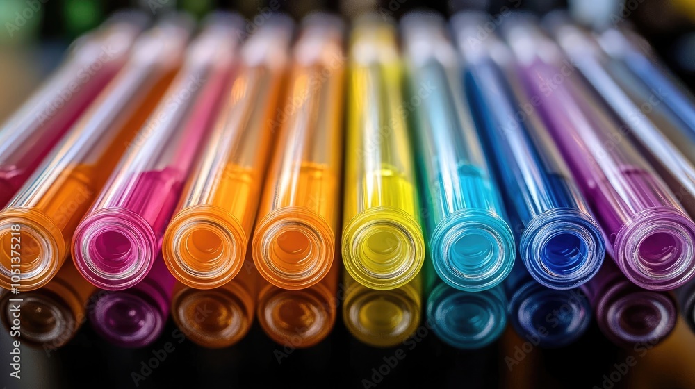 Close-up of colorful pens arranged in a rainbow pattern. Close-up of colorful pens arranged in a rainbow pattern.