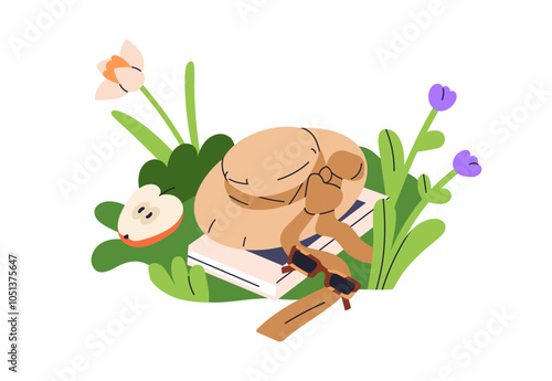Straw hat, book and sunglasses in nature. Outdoor summer leisure, holiday in ...